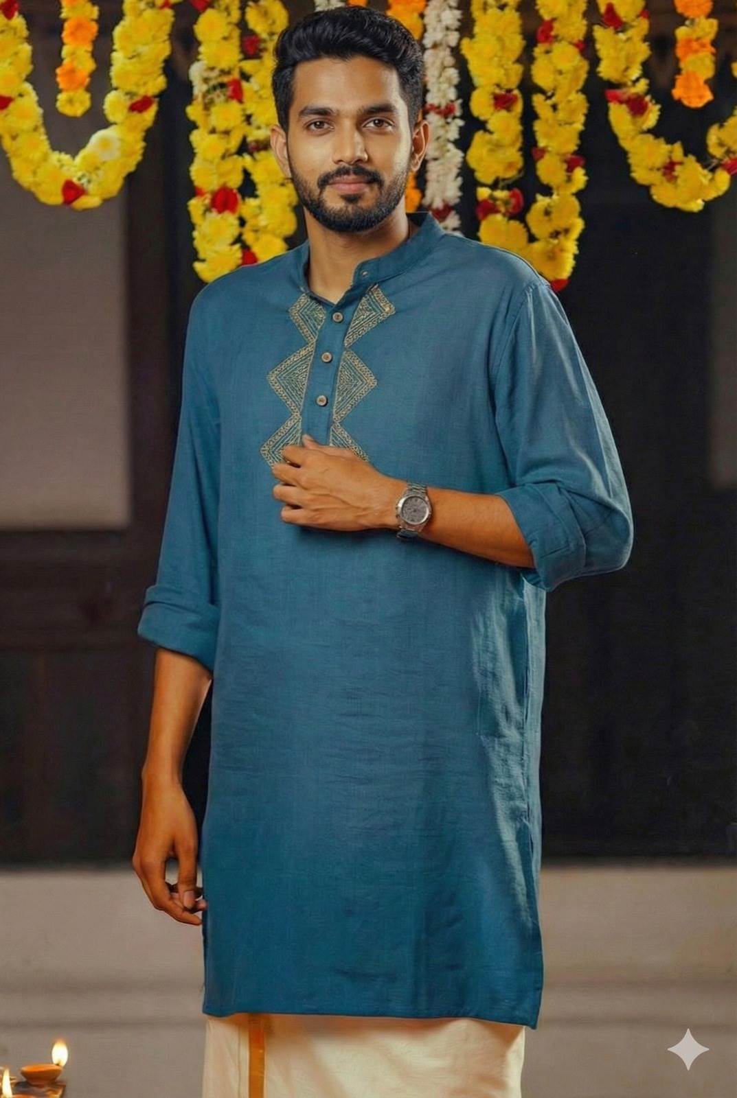Peacock Blue Base Full sleeve Kurtha