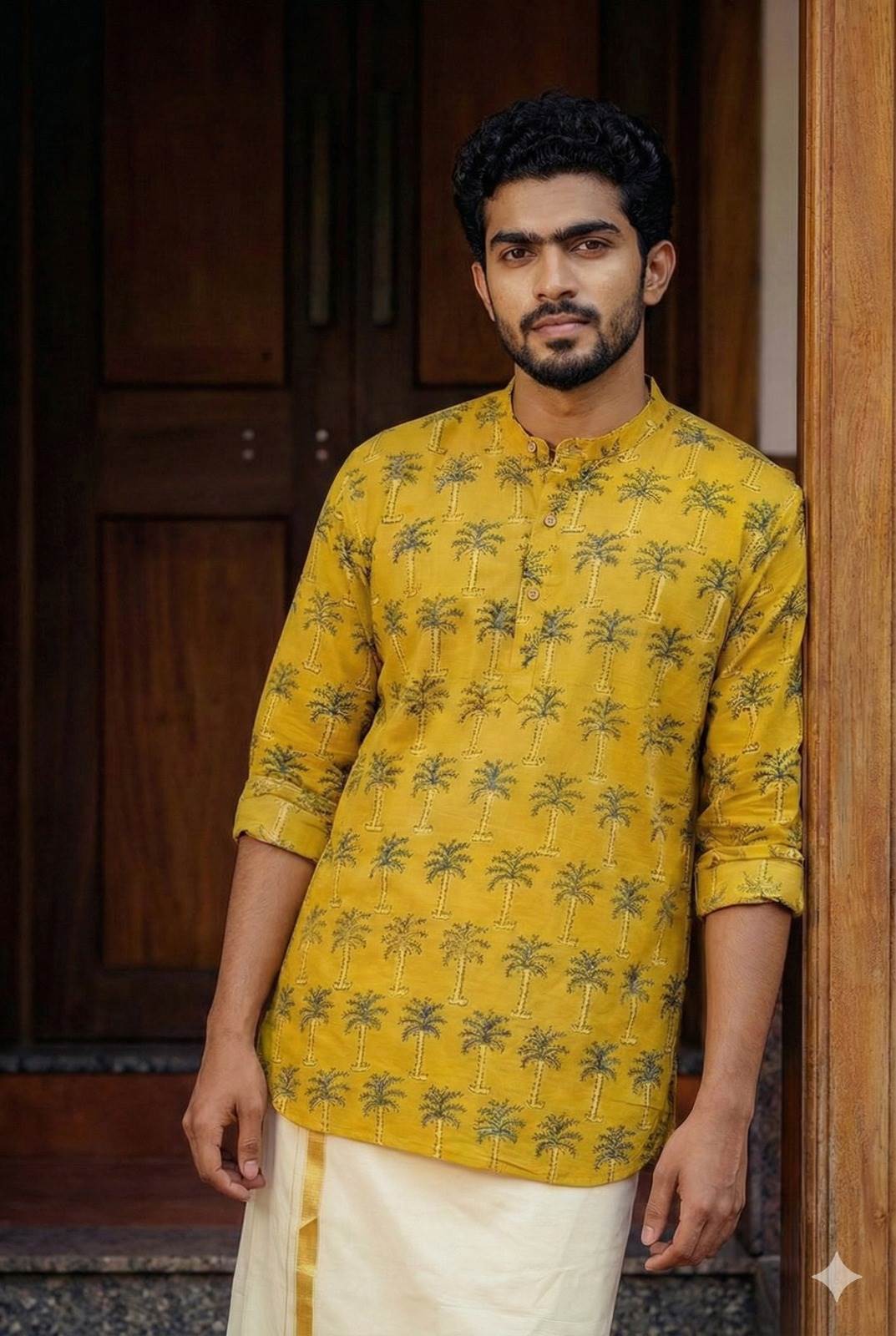 Ajrakh Full sleeve Yellow Kurtha with Coconut Tree Print