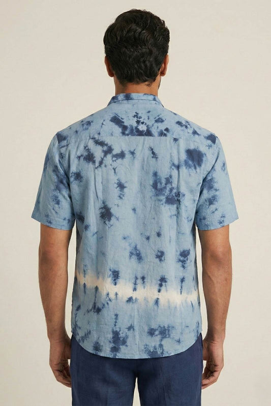 Blue & White Shibori Lapel Collar Shirt