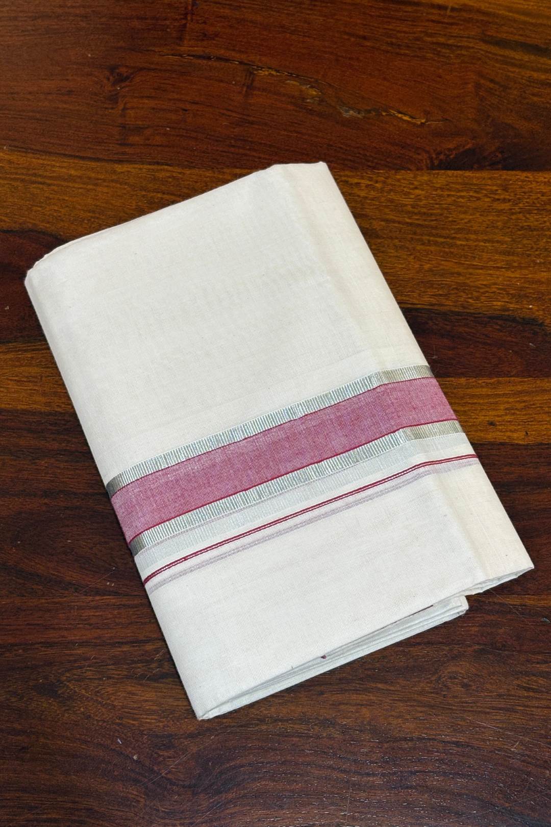 Offwhite Dhothi Thick Maroon & Thin Silver Border