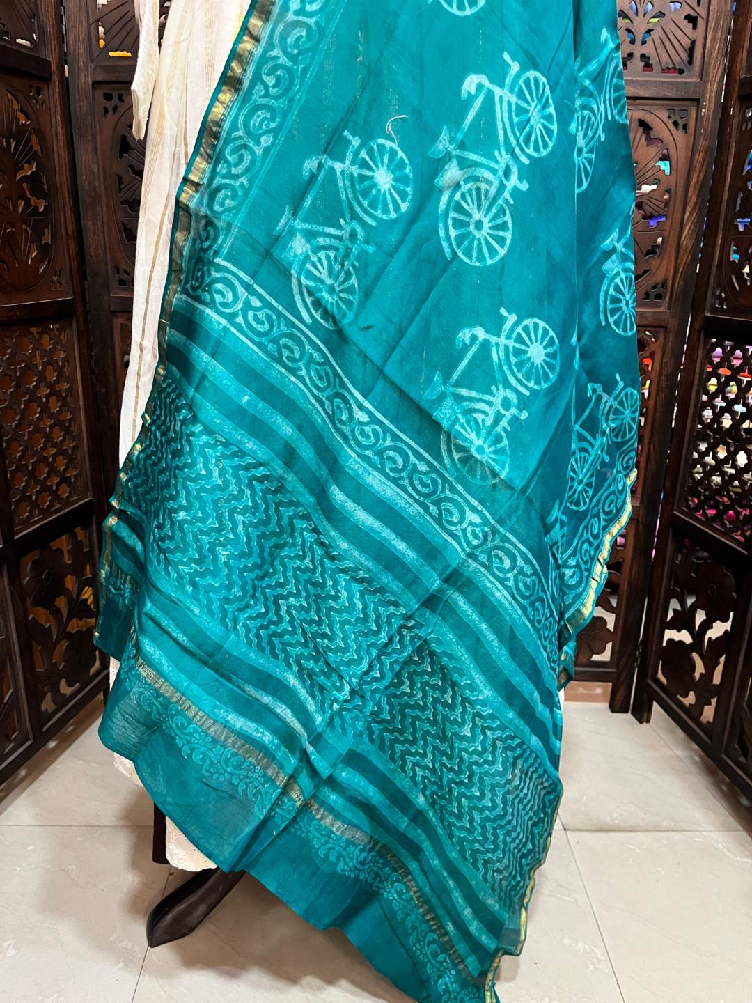 Chanderi Duppatta with Green Cycle Print