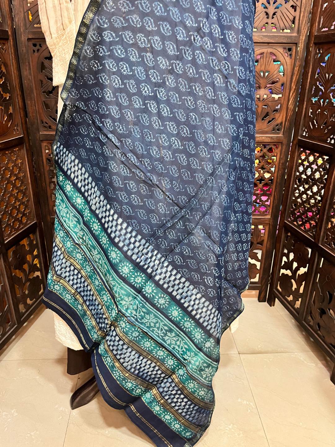 Indigo Check Border Chanderi Dupatta