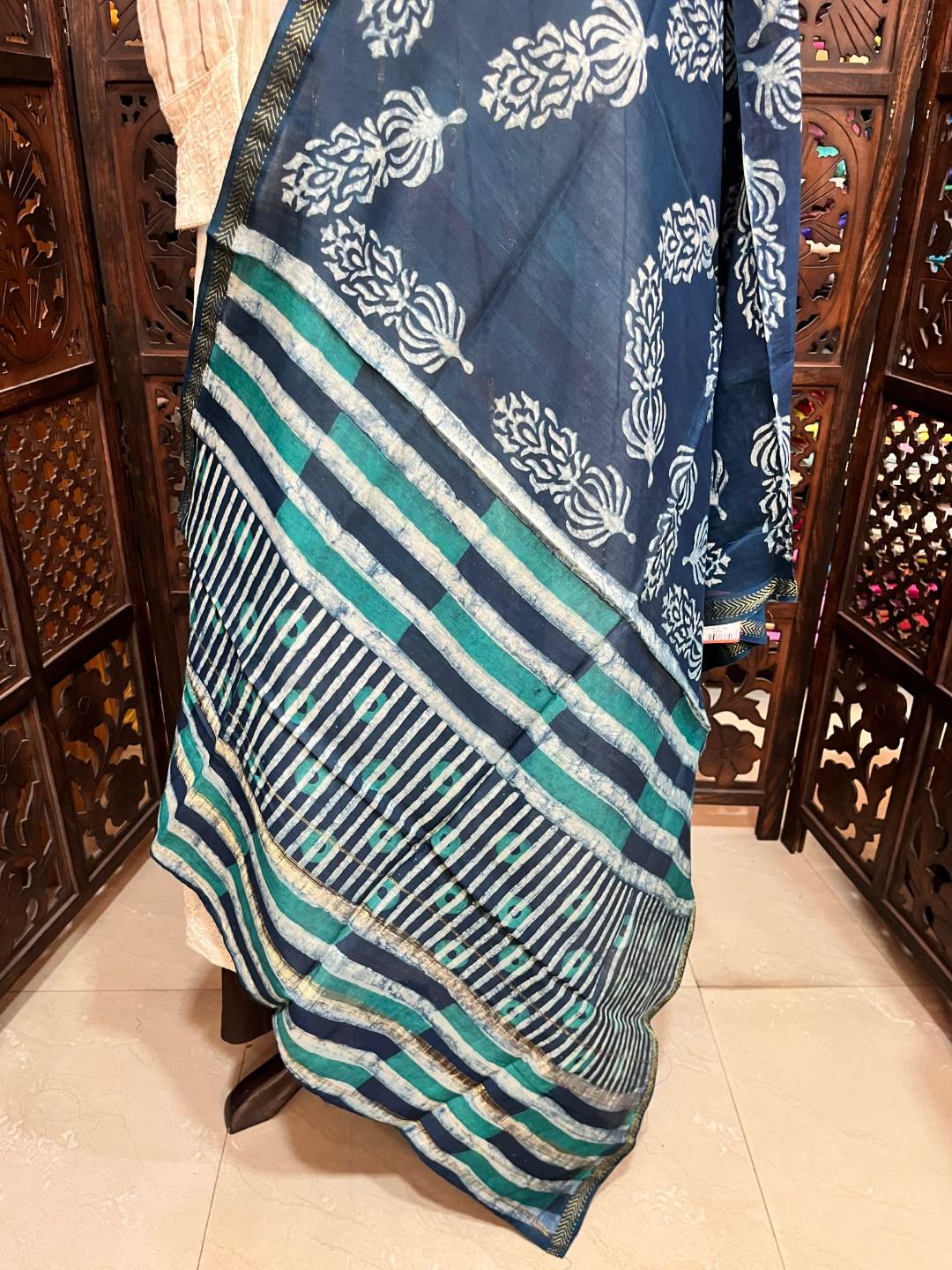 Indigo Tree Stripe Print Chanderi Dupatta