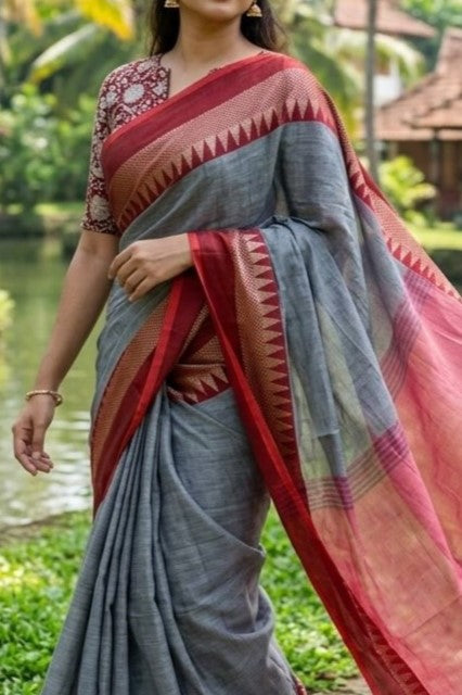 Grey Handloom Temple Border Saree
