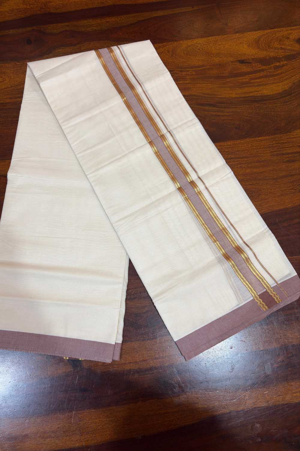 Offwhite Light Brown & Golden Border Dhothi
