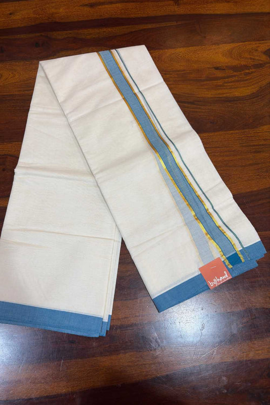 Offwhite Dhothi Thin Sky Blue & Golden Border