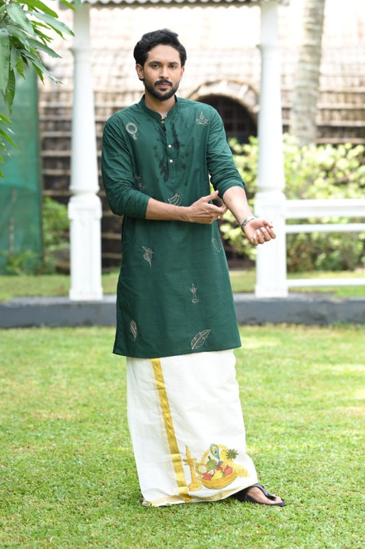 Green Full Sleeve Kurta with Golden Kani Embroidery