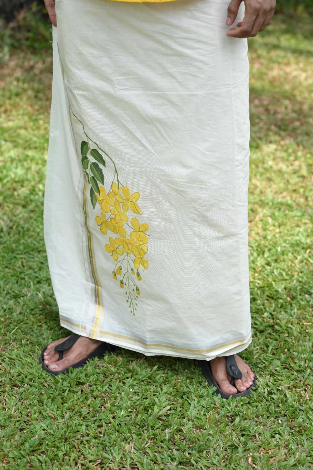 Offwhite Dhothi with Kanikonna Handpainted