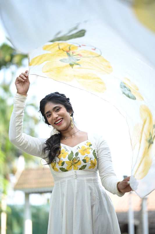 Hand Painted Kanikonna Offwhite Mul Chanderi Anarkali with Dupatta