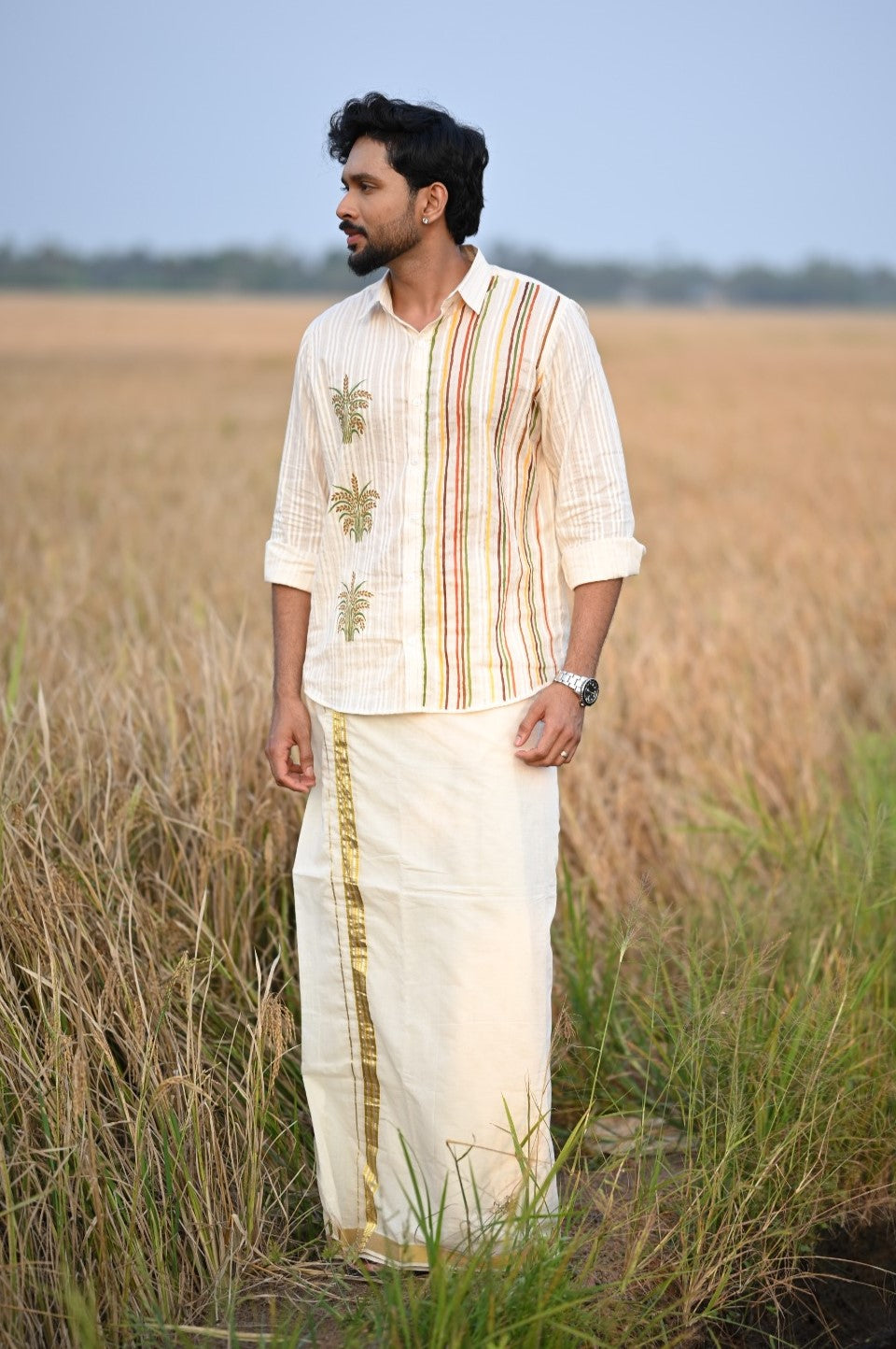 Offwhite Lurex Shirt with Nelkathir & Stripes Hand Paninted