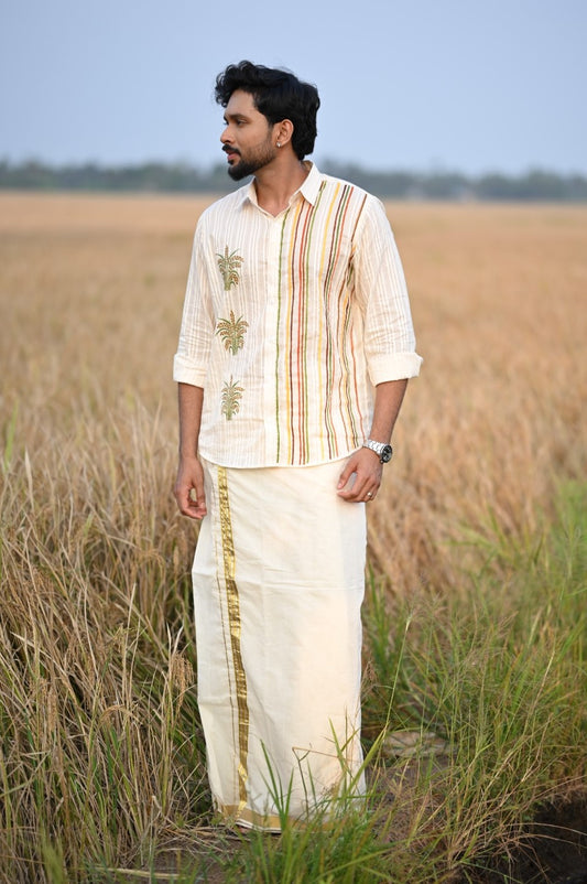Offwhite Lurex Shirt with Nelkathir & Stripes Hand Paninted