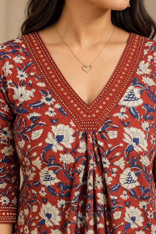 Kalamkari Printed V Neck Kurti