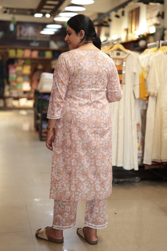 Peach Base Floral Sanganeri Co-Ord Set