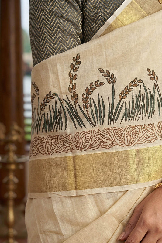 Golden Tissue Handblock Print Saree