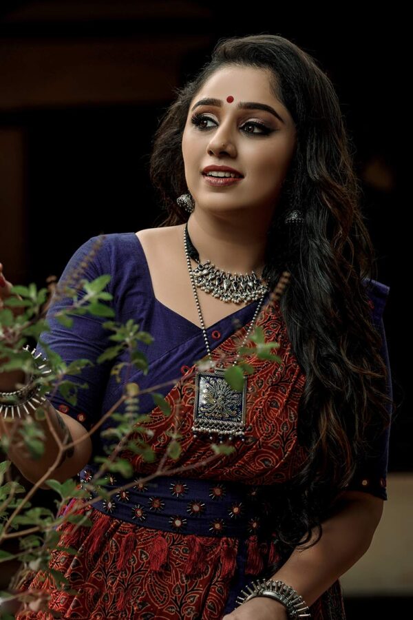 Cotton Blue Plain Blouse with Hand Worked Mirror Border at Sleeve