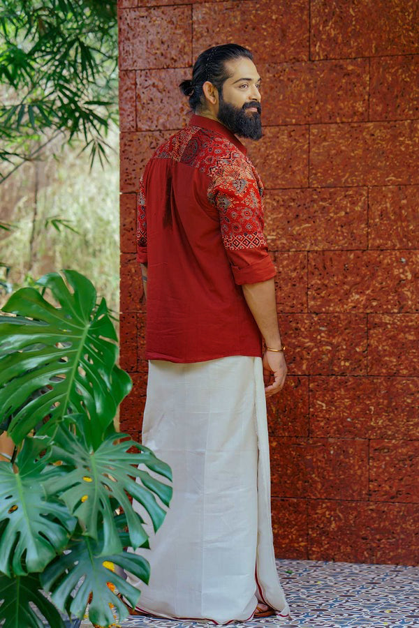 Red Ajrakh Multi Printed Patch FS Shirt