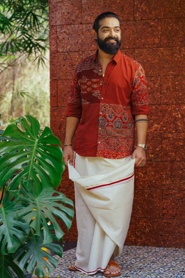 Red Ajrakh Multi Printed Patch FS Shirt