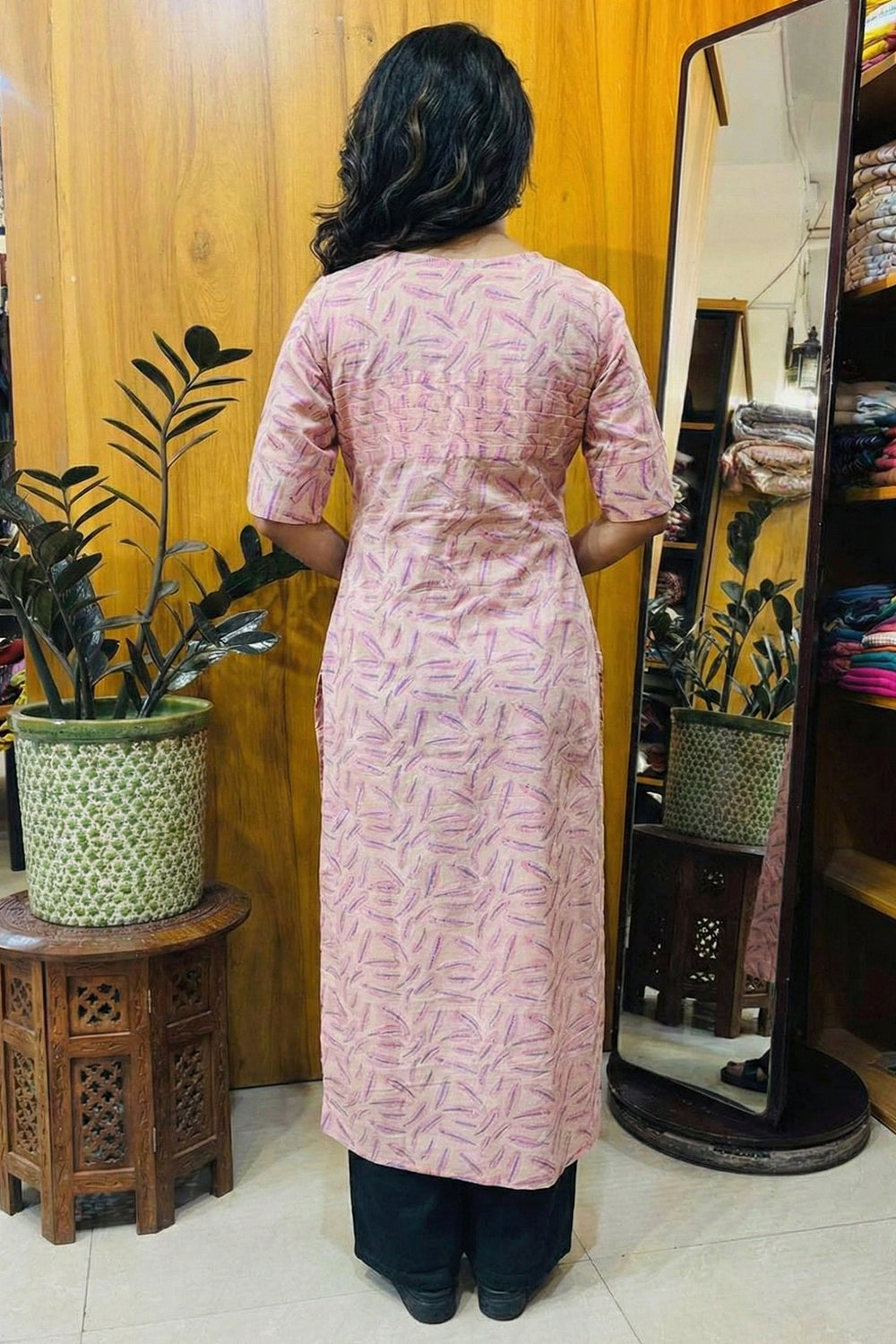 Feather Printed Pink Slited Kurti