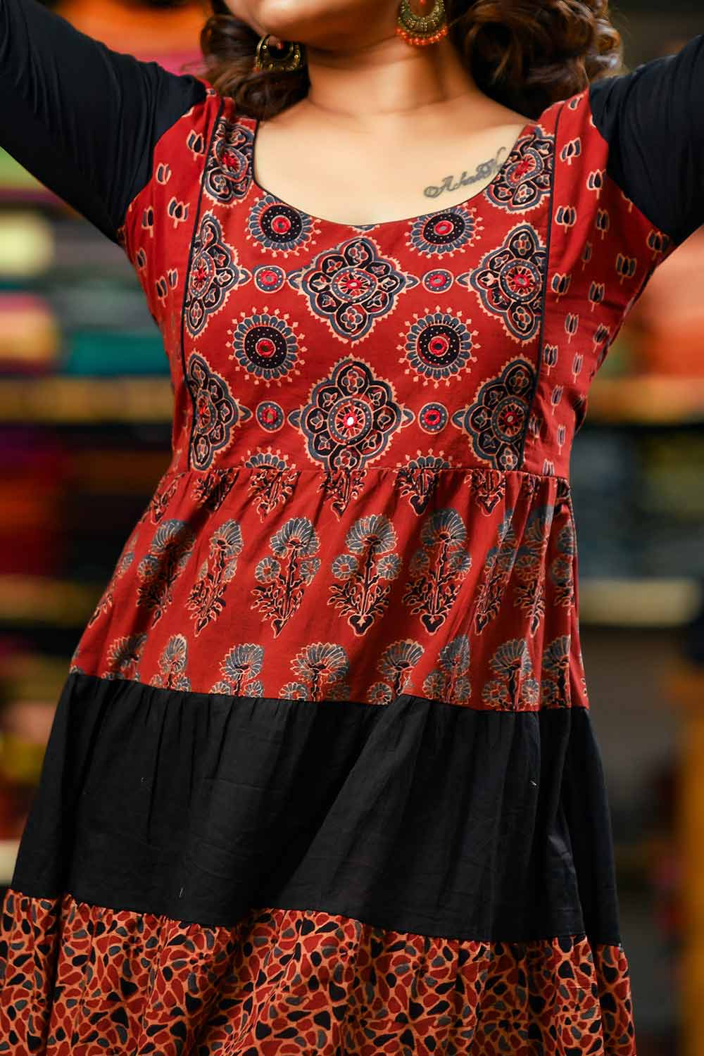 Black & Red Tiered Anarkali Floral