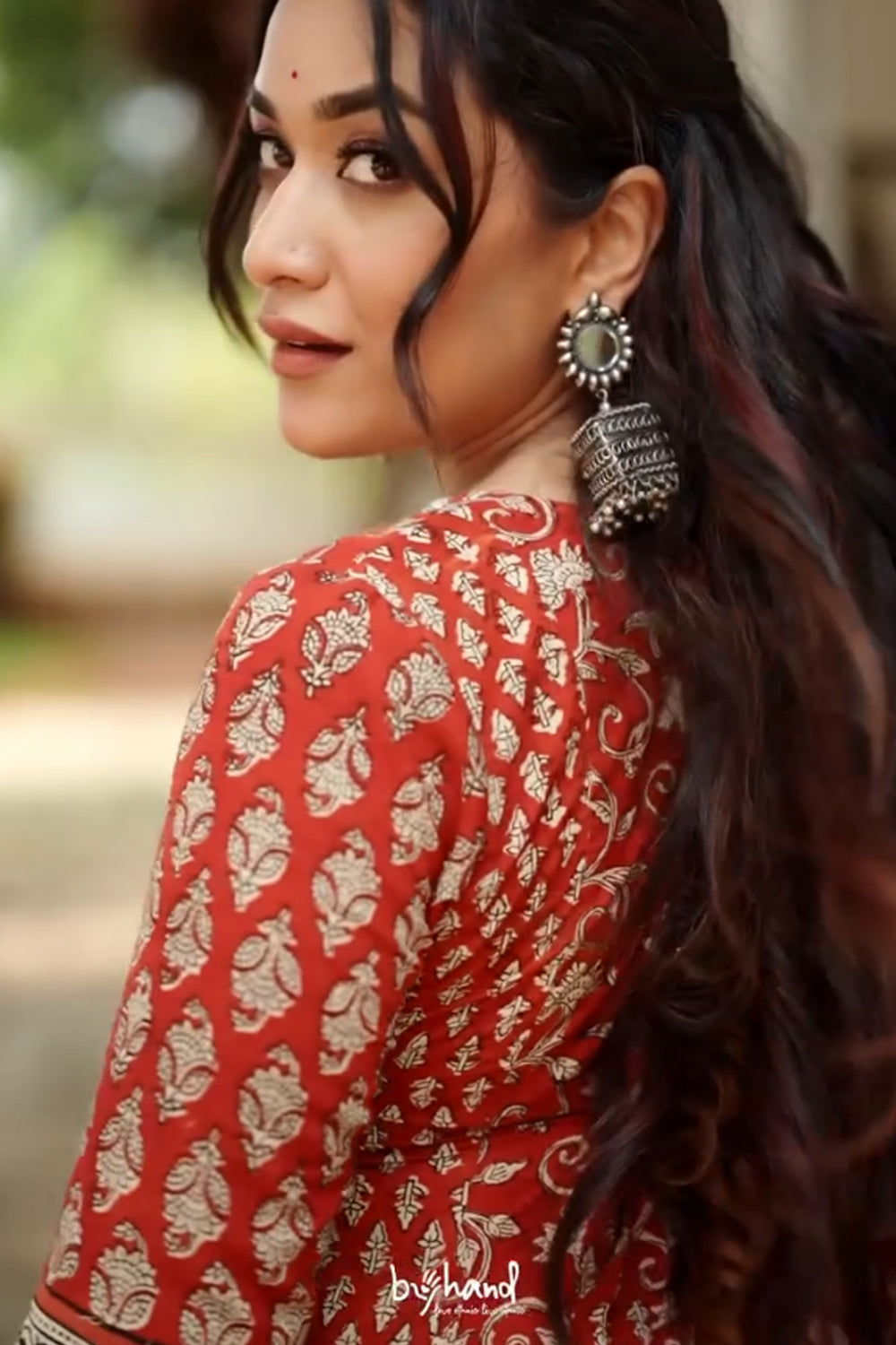Red Kalamkari Full sleeve Anarkali with Mirror Yoke