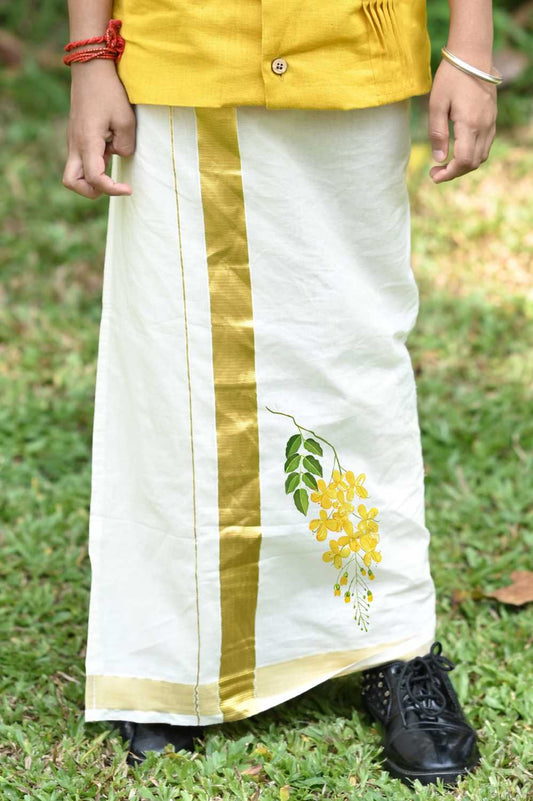 Kanikonna Handpainted Offwhite Kid Golden Border Velcro Dhothi