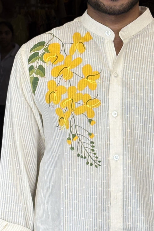 Offwhite Full Sleeve Chinese Collar Shirt with Kanikonna Handpainted