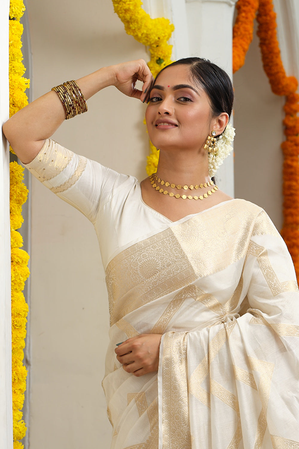 Off-white Blouse With Golden Zari Border - Main Image