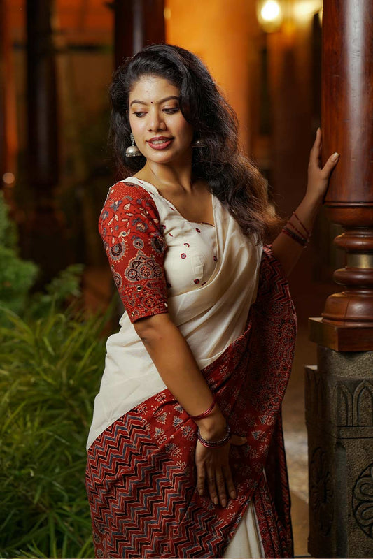 Off White & Red Multi Ajrakh Patch Saree
