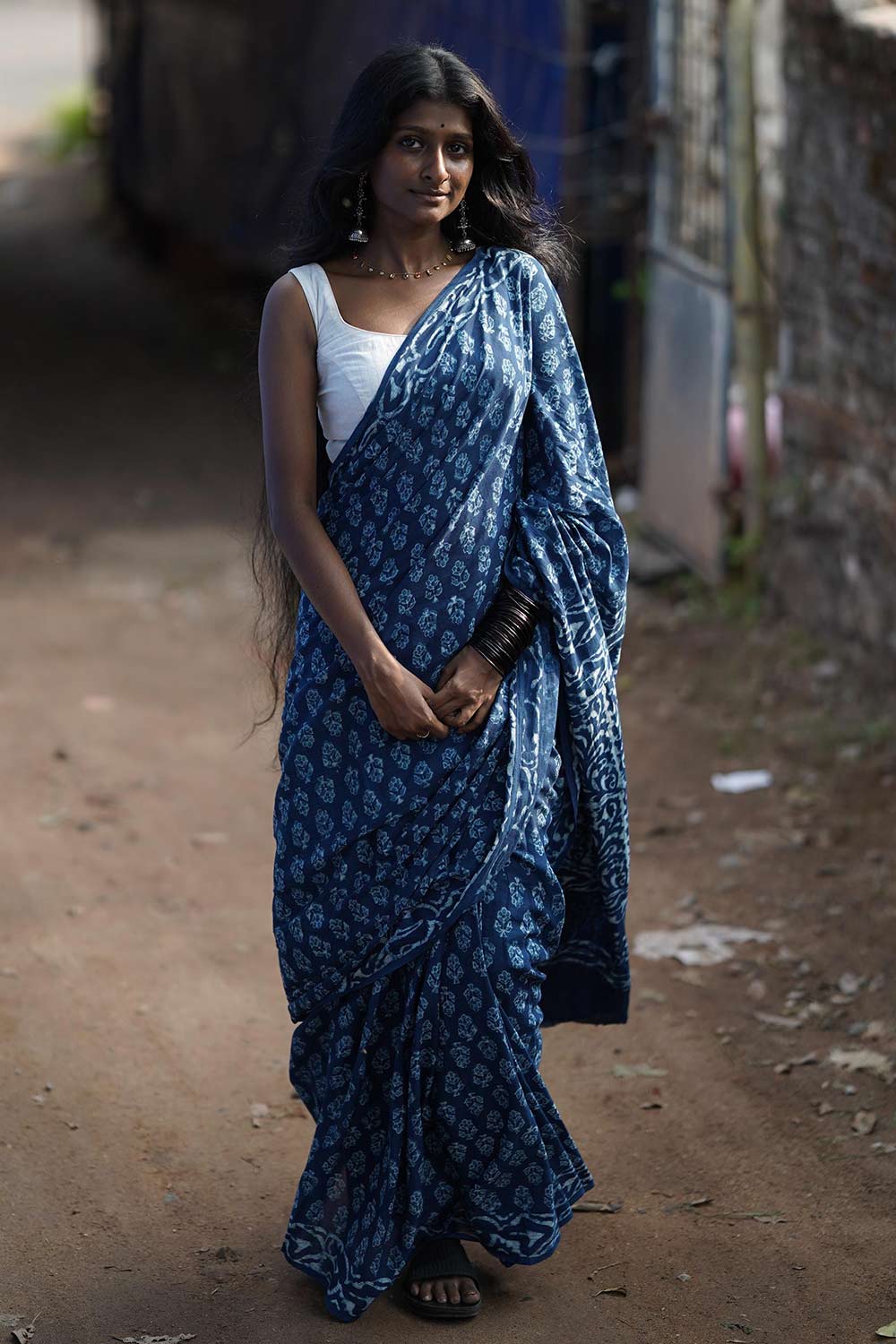 Indigo Mul Saree with Flower Print
