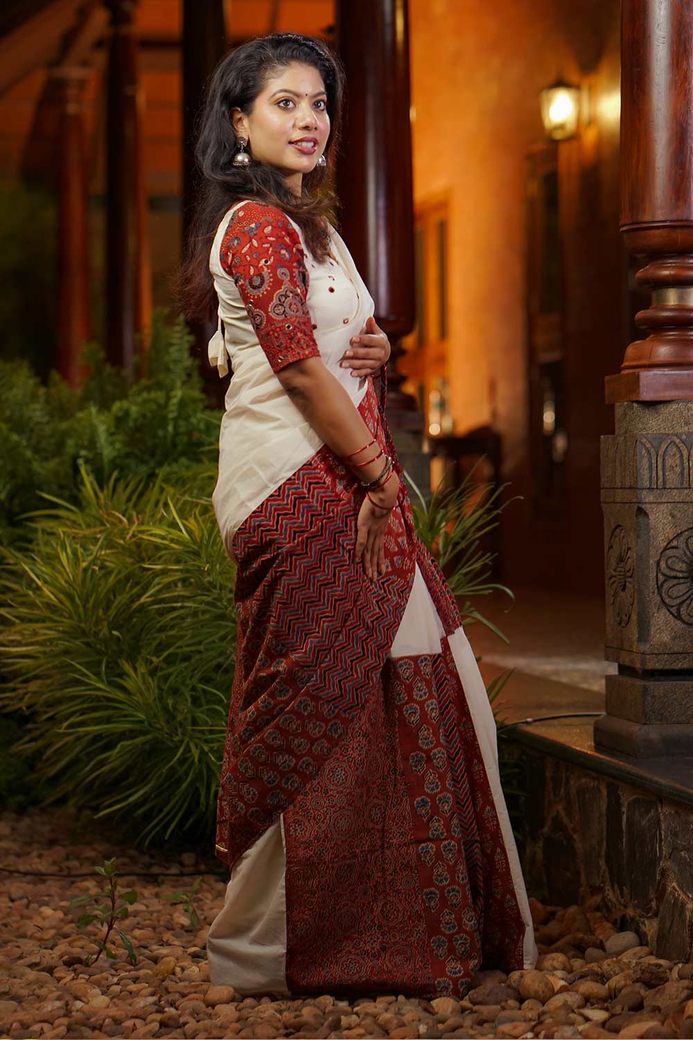 Off White & Red Multi Ajrakh Patch Saree