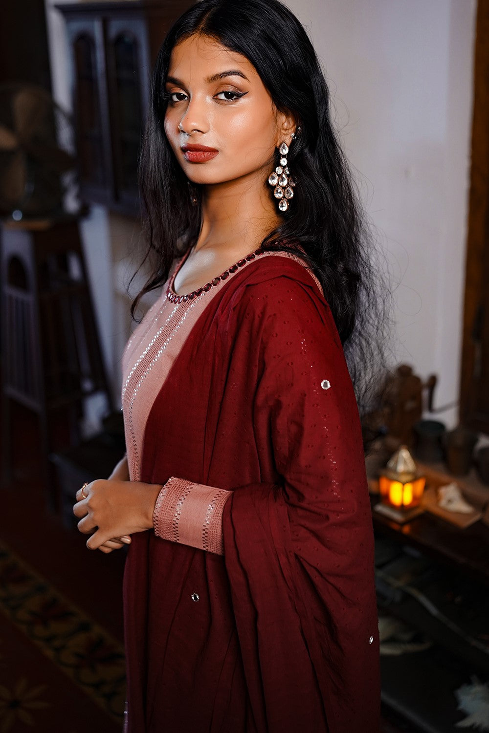 Maroon Mirror Work Dupatta