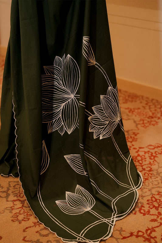 Green Saree with White Lotus Handpained