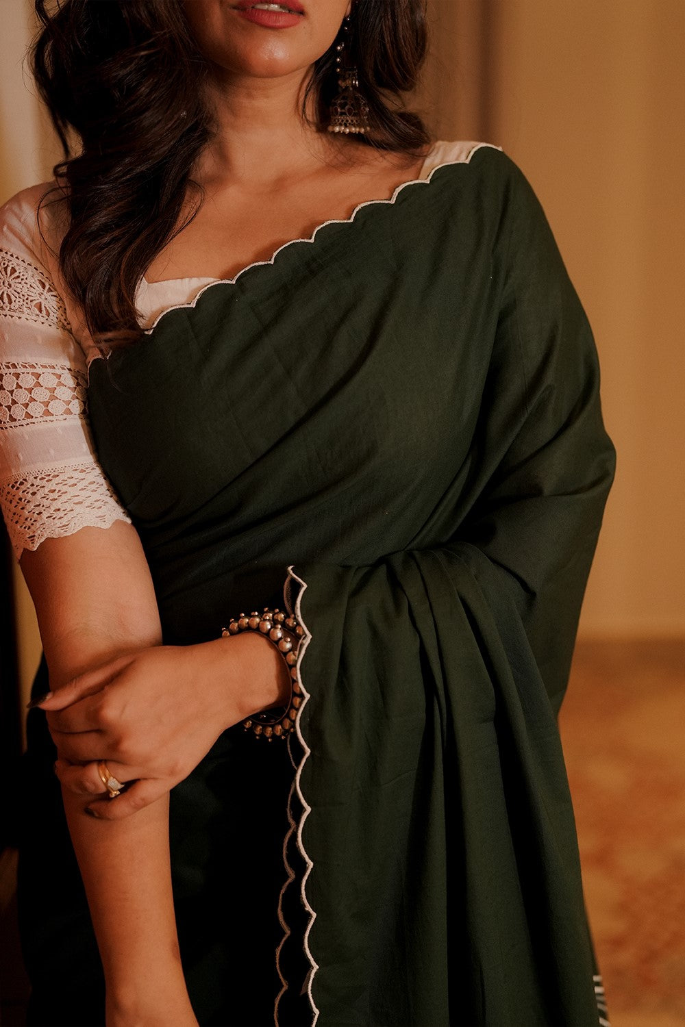 Green Saree with White Lotus Handpained