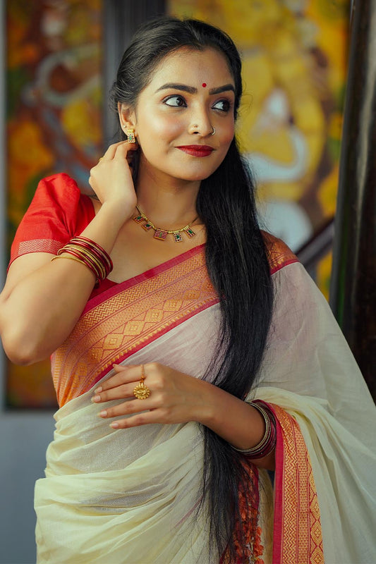 Off-white Plain Narayan Pett Saree