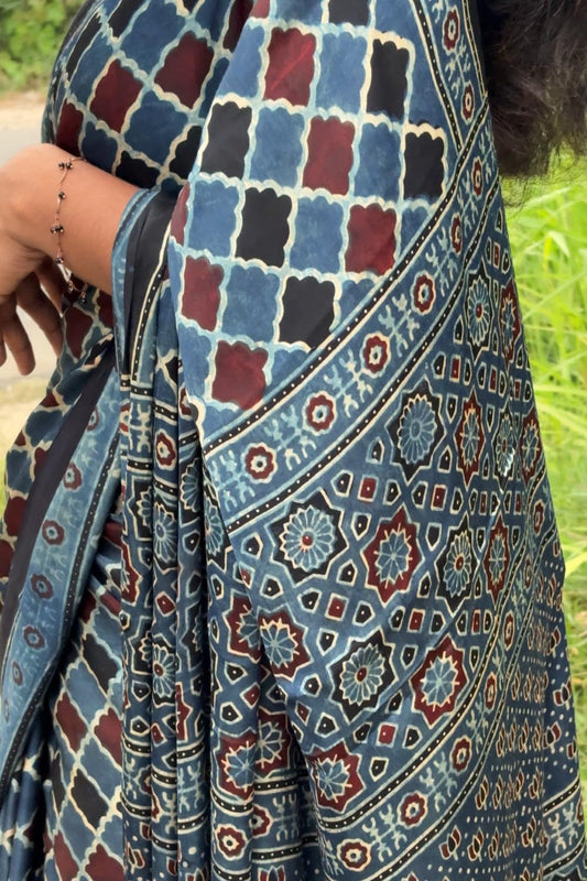 Blue Base Modal Silk Ajrakh Saree