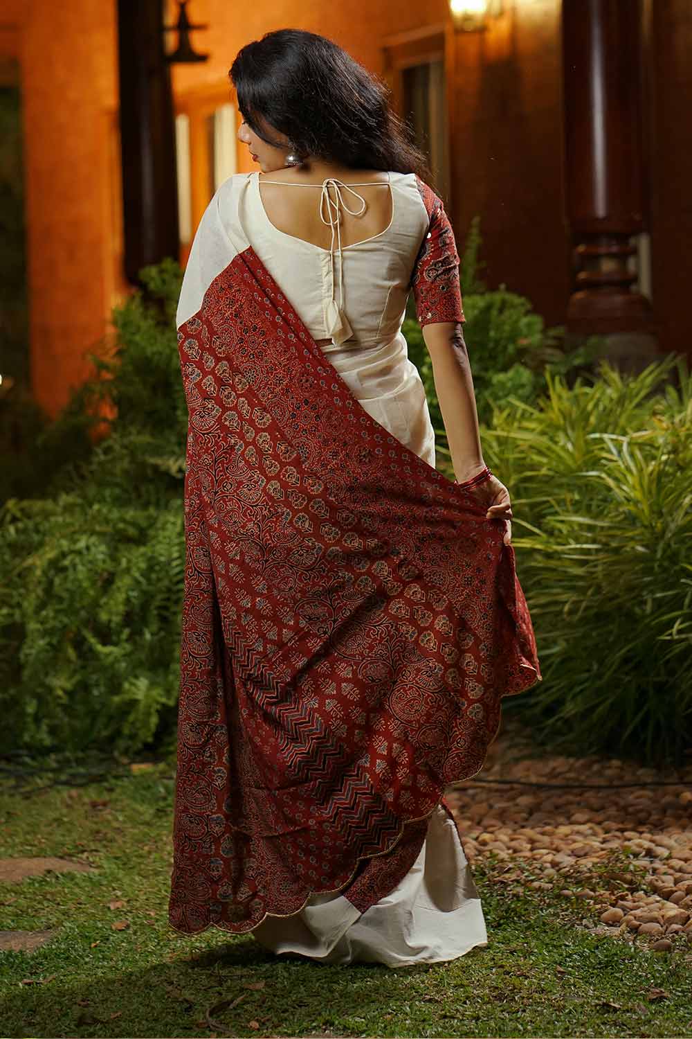Off White & Red Multi Ajrakh Patch Saree