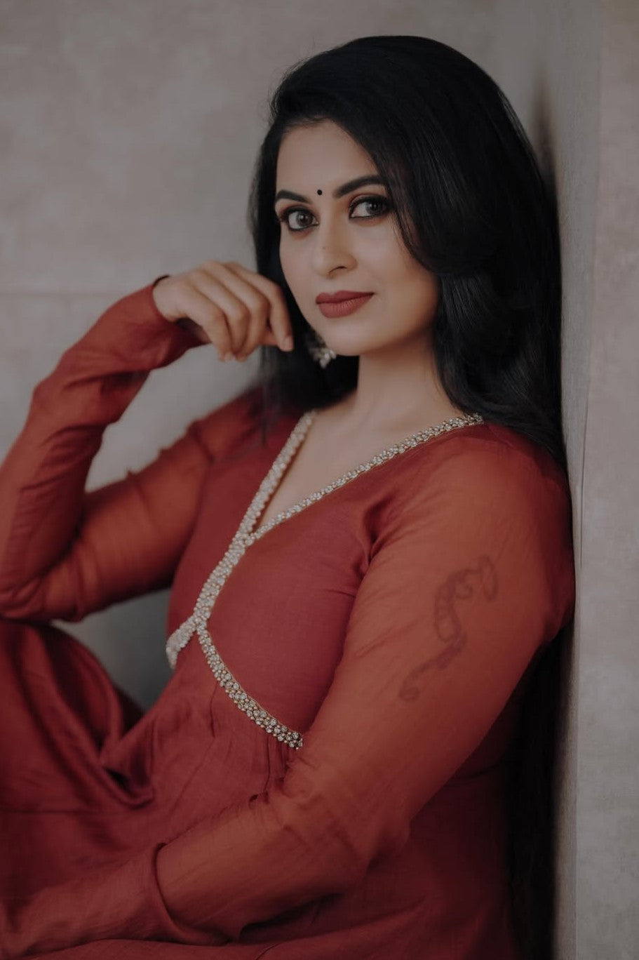 Brick Red Mul Chanderi Aliya Cut Panel Anarkali