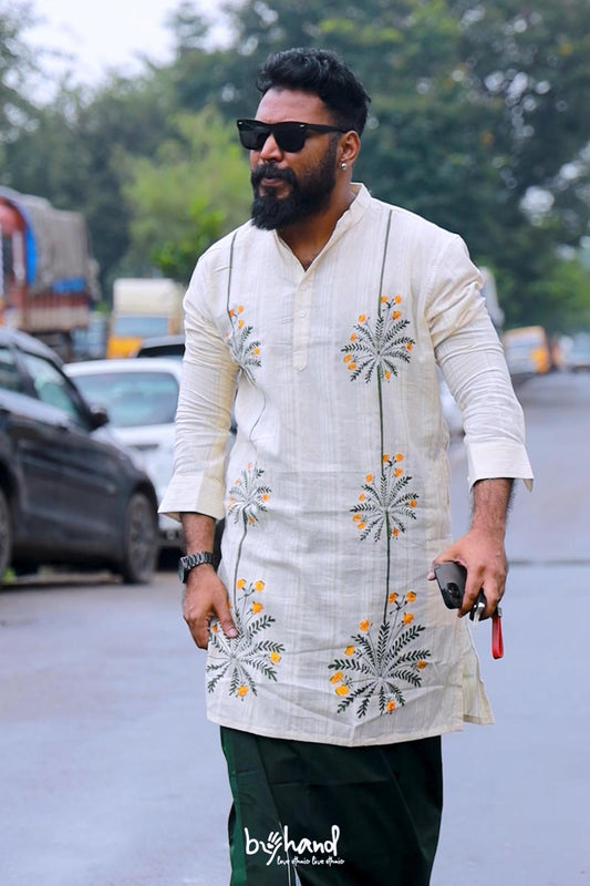 Off White Long Kurta with Handblock Mukkutti