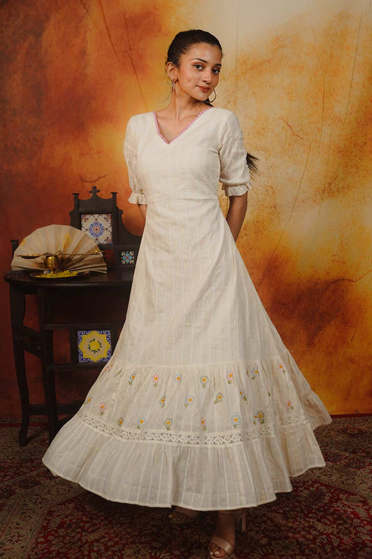 Off-White A-Line Dress with Embroidered Tiers