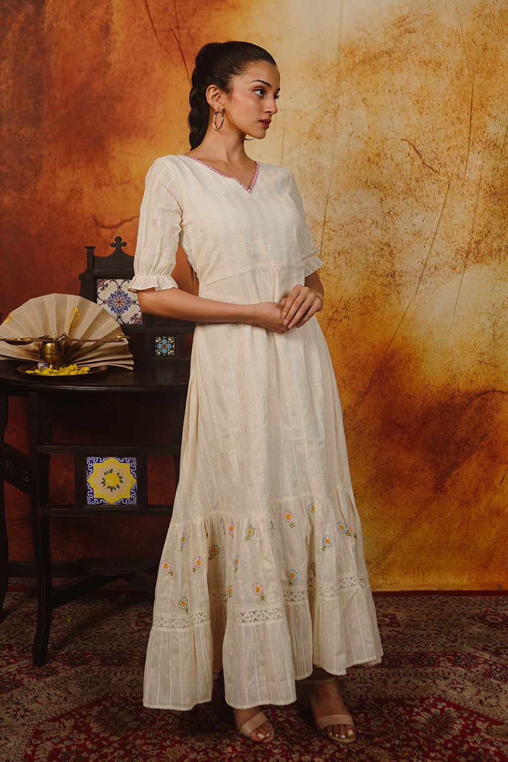 Off-White A-Line Dress with Embroidered Tiers