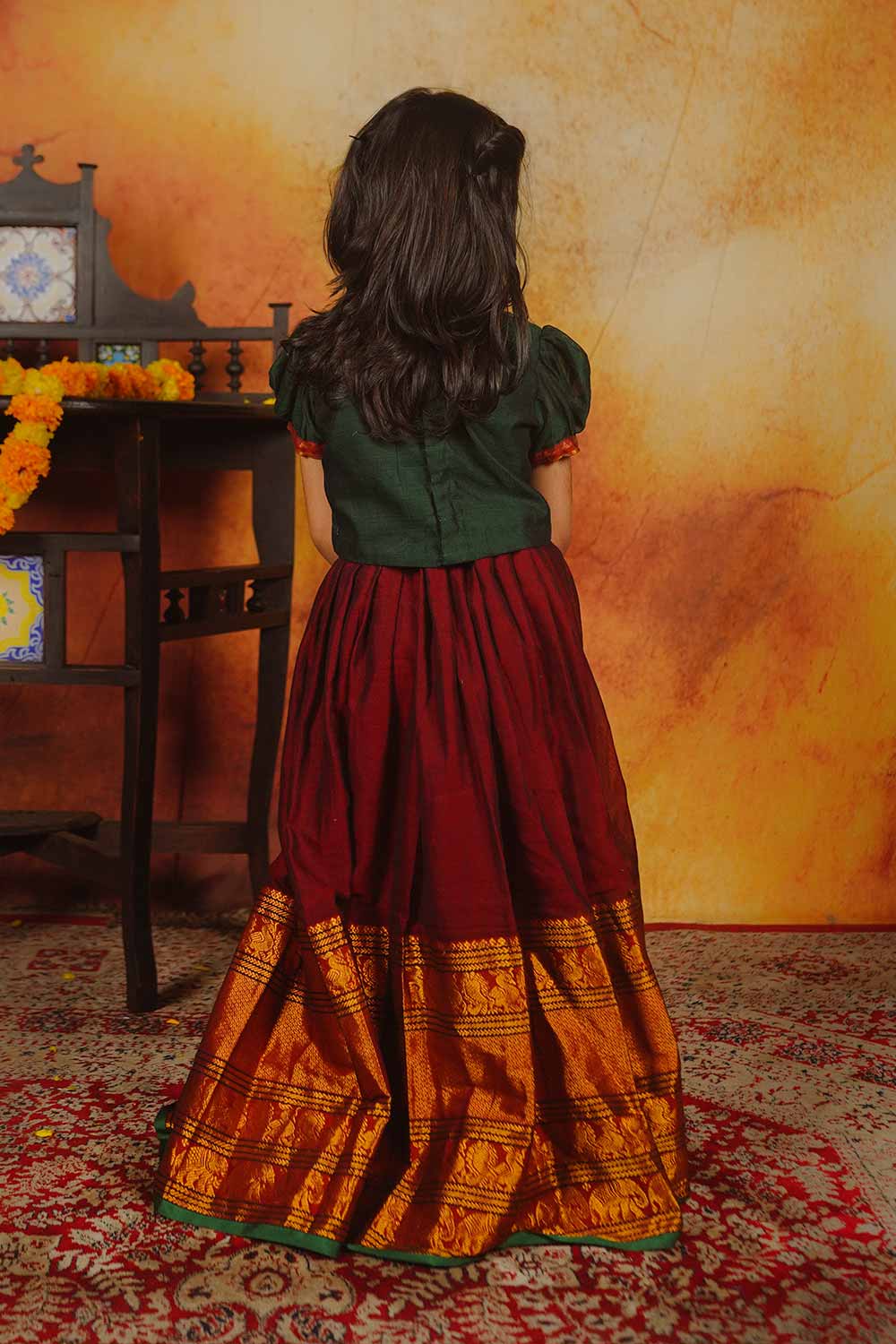 Narayanpet Green Blouse & Maroon Skirt