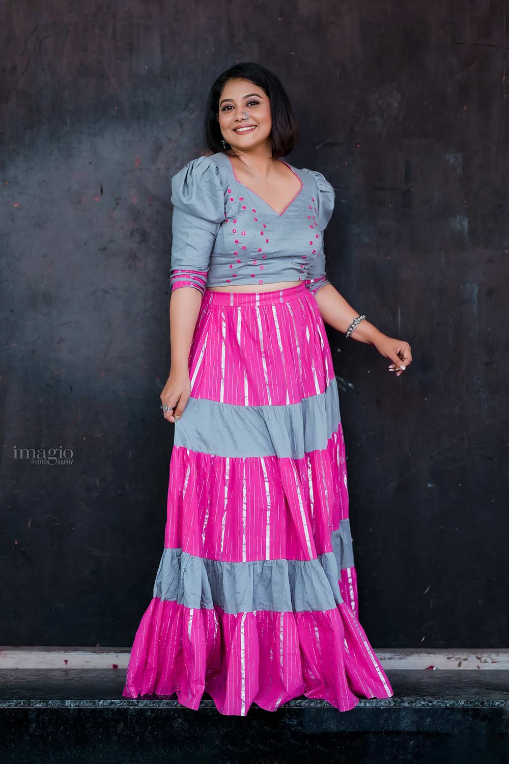 Grey & Magenta Tiered Skirt
