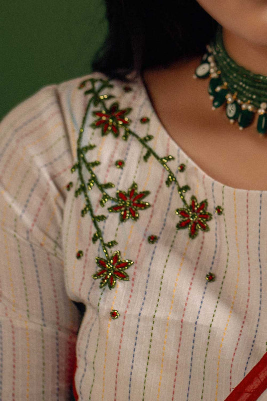 White Kantha Blouse with Embellishment
