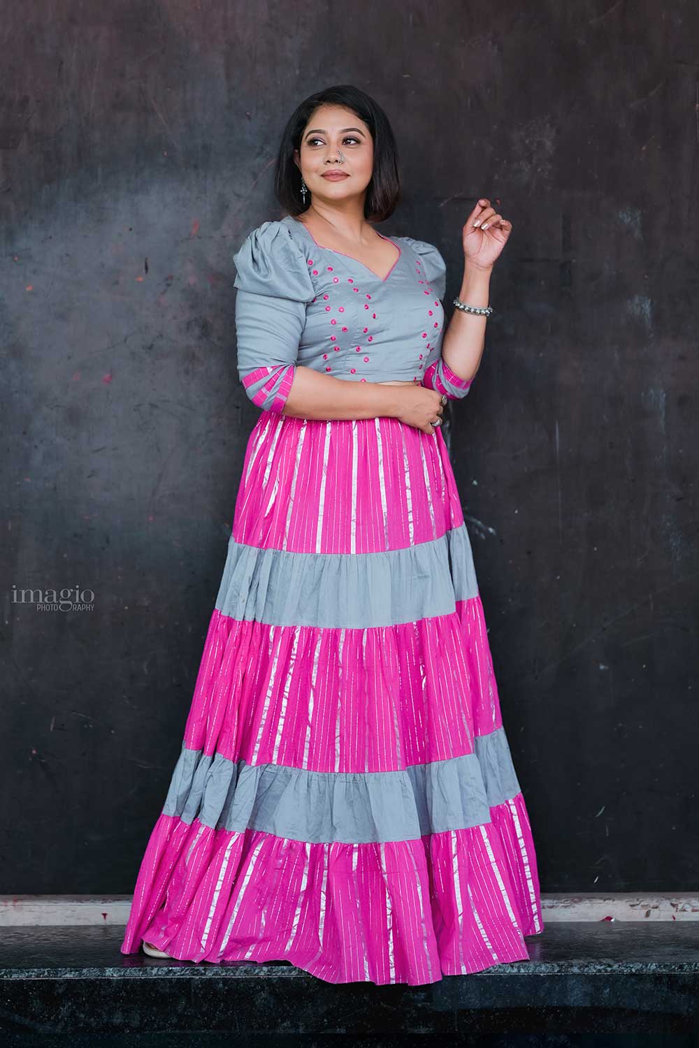 Grey & Magenta Tiered Skirt