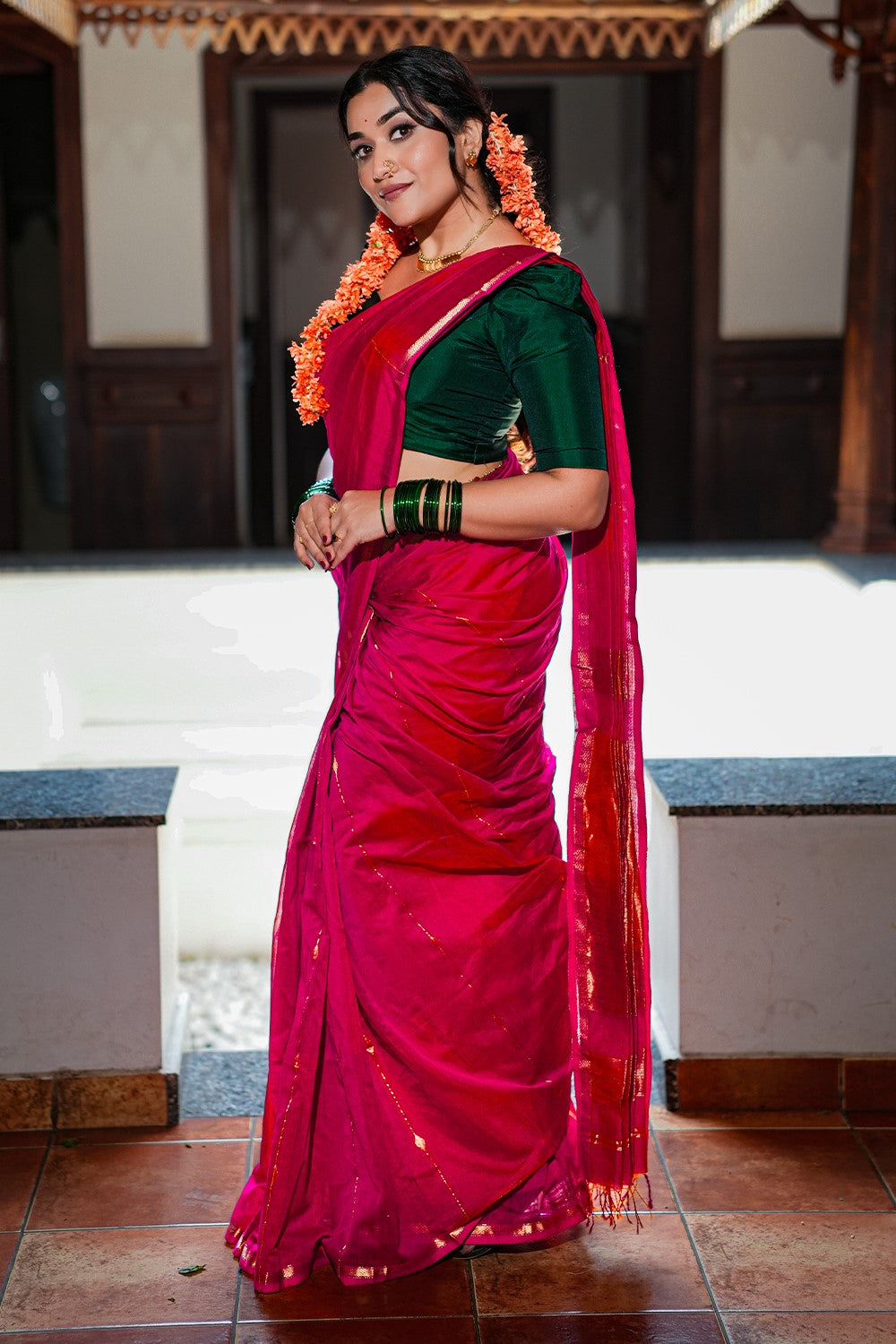 Maheswari Silk Saree Dual Shade with Zari Stripes & Diamond Buta