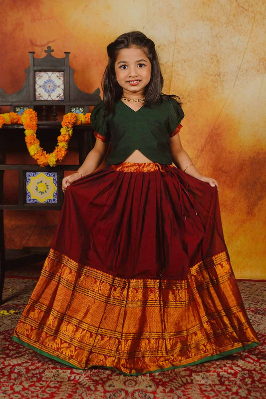 Narayanpet Green Blouse & Maroon Skirt