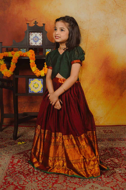 Narayanpet Green Blouse & Maroon Skirt