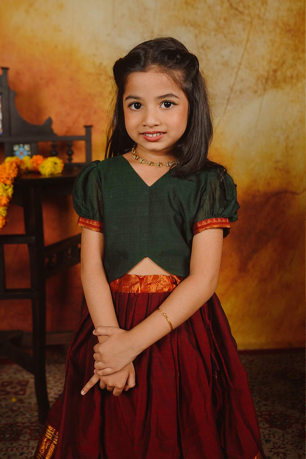 Narayanpet Green Blouse & Maroon Skirt