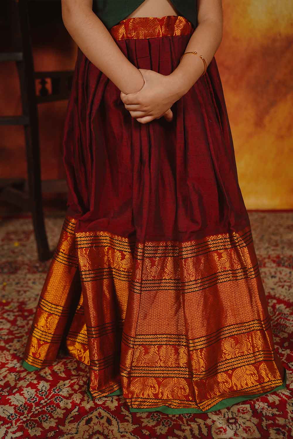 Narayanpet Green Blouse & Maroon Skirt