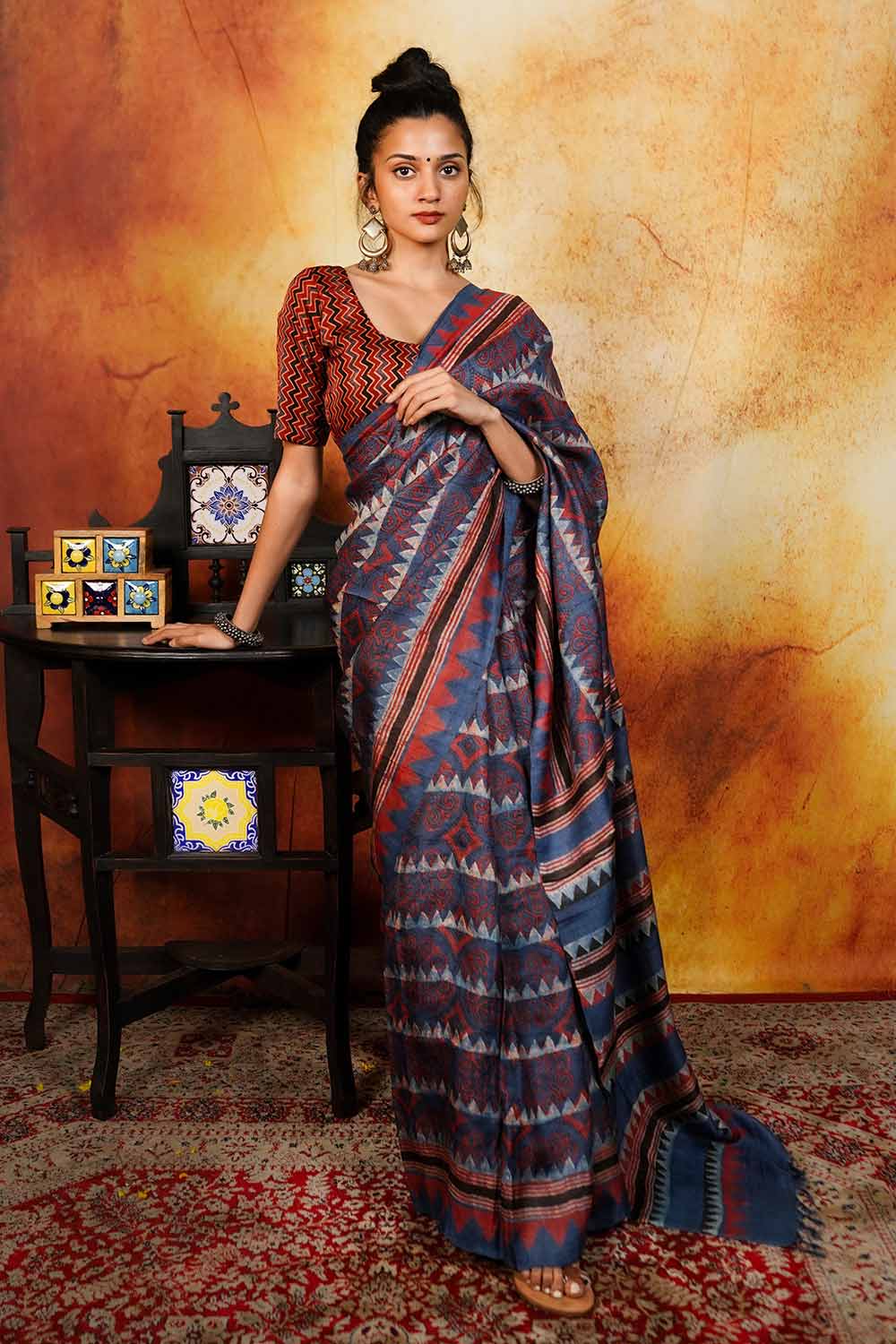 Red Ajrakh Zig-Zag Modal Silk Blouse